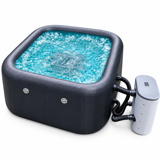 Kit Vasca Idromassaggio rettangolare con seduta interna e pompa di calore con sistema filtrante e bolle. Dimensioni 2x2x0,8 metri.